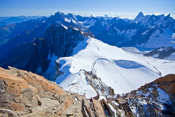 Aiguille du midi views, Col du Midi. Aiguille du midi amazing views a sunny morning in summer. Several aiguilles in the horizone. Aiguille du Tacul, Aiguille du Moine, Dent du Geant and glaciers in the further side of the image. dent du geant stock pictures, royalty-free photos & images