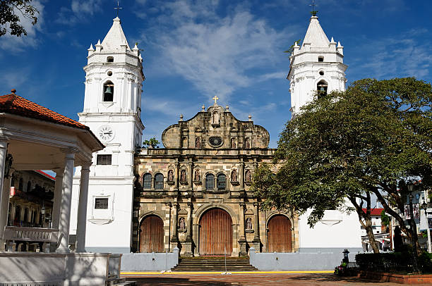 Panama, View on the colonial Panama city Panama, Casco Veijo is historical colonial center of Panama City. Cityscape - old town - Basilica of the Mother of God panama city panama stock pictures, royalty-free photos & images