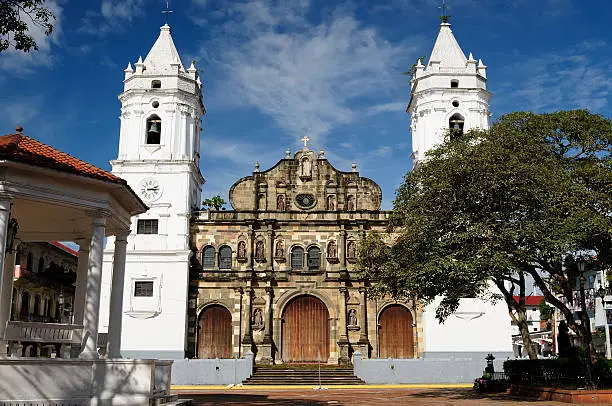 Panama, Casco Veijo is historical colonial center of Panama City. Cityscape - old town - Basilica of the Mother of God