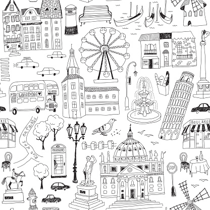 seamless pattern with hand-drawn European architecture