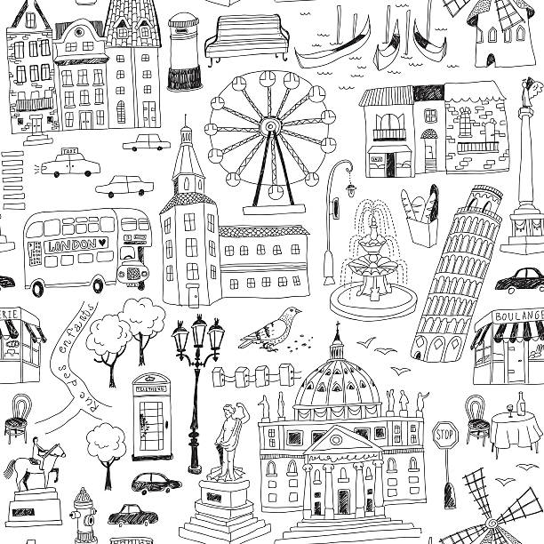European architecture seamless pattern with hand-drawn European architecture paris france illustrations stock illustrations