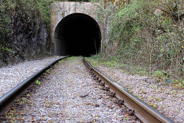 istock Image of rail road / railway train track disappearing into tunnel 487154525