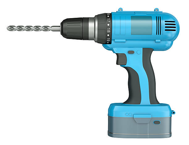 Blue cordless drill on a white background Side view of a blue cordless drill isolated on white background. 3D render. drill stock pictures, royalty-free photos & images