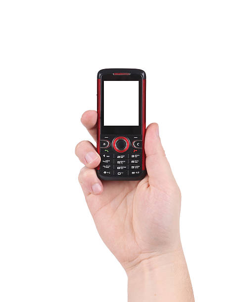 istock Hand holds red-black cell phone. 487155259