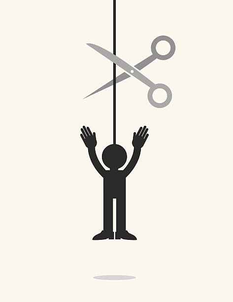 Figure String Scissors Figure hanging from a string about to be cut by scissors silhouette of hanging himself stock illustrations