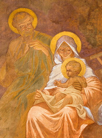 Banska Bela - The fresco of Holy Family in St. John the Evangelist church by Jan Antal from end of 19. cent. as the detail of Adoration of sheepherds scene.