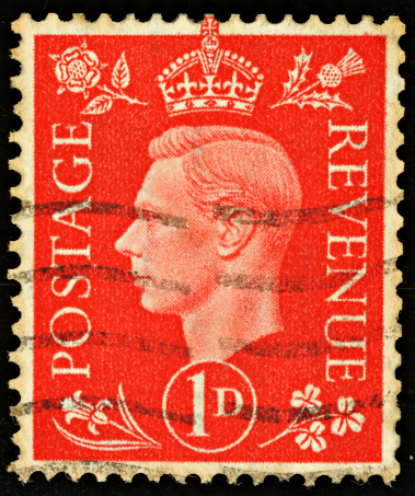 British One Pence Red Used Postage Stamp showing Portrait of King George VI, printed and issued from 1937 to 1947