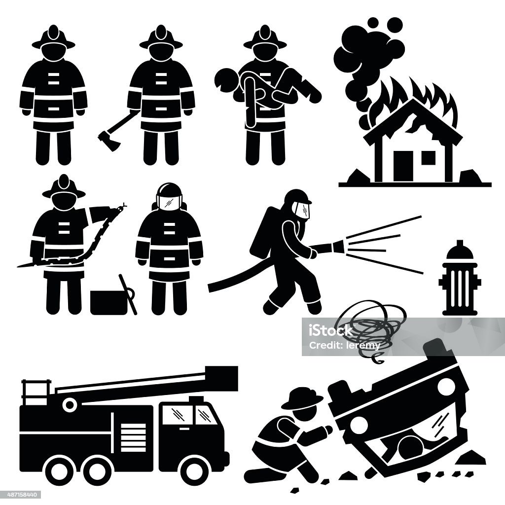 Firefighter Fireman Rescue Stick Figure Pictogram Icons Human pictogram showing firemen on duty during fire, invasion of wild animal such as snake, and car accident. Firefighter stock vector