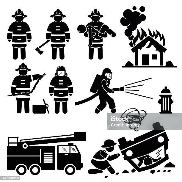 Firefighter Fireman Rescue Stick Figure Pictogram Icons Stock Illustration - Download Image Now