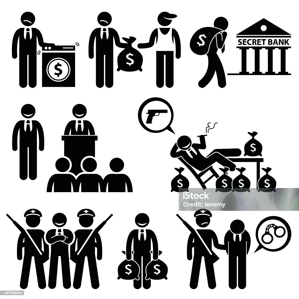 Dirty Money Laundering by Politician Pictogram Human pictogram concept showing politician laundering money and other illegal activities for dirty money. Stick Figure stock vector