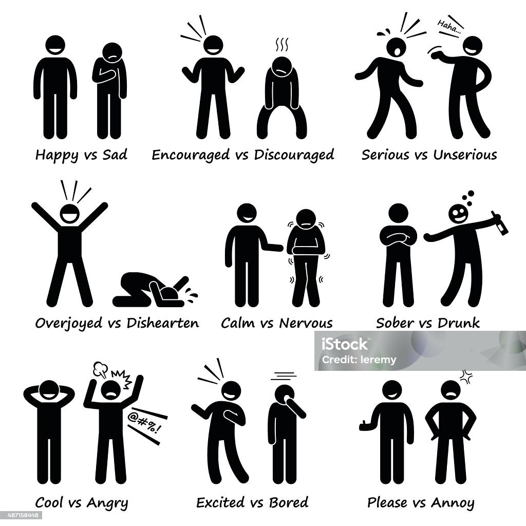 Human Opposite Behaviour Positive vs Negative Character Traits Pictogram set showings the differences of human personalities and values. Icon Symbol stock vector