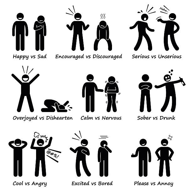 Human Opposite Behaviour Positive vs Negative Character Traits Pictogram set showings the differences of human personalities and values. excited stock illustrations