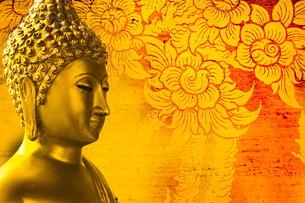 istock Buddha gold statue on golden background patterns Thailand. 487160723
