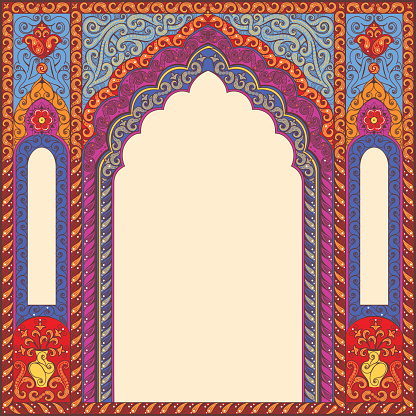 Vector ornamented eastern arch patterns for design layouts. Primary colors: blue, red, beige.