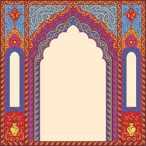 Background ornamented oriental patterned arch. Vector ornamented eastern arch patterns for design layouts. Primary colors: blue, red, beige. culture of india stock illustrations