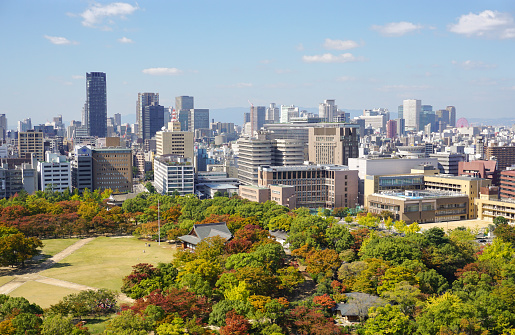 Osaka, Japan - October 28, 2014: View of Osaka downtown and Osaka Business Park in the autumn. The GDP in the greater Osaka area is $341 billion.