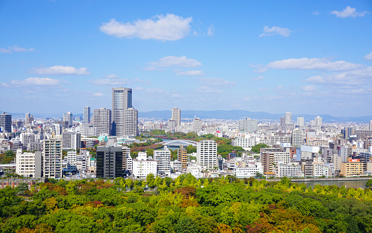 Osaka, Japan - October 28, 2014: View of Osaka downtown and Osaka Business Park in the autumn. The GDP in the greater Osaka area is $341 billion.