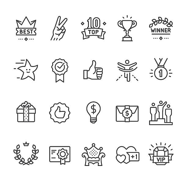 ilustraciones, imágenes clip art, dibujos animados e iconos de stock de galardonado, éxito y logro vector iconos - halago