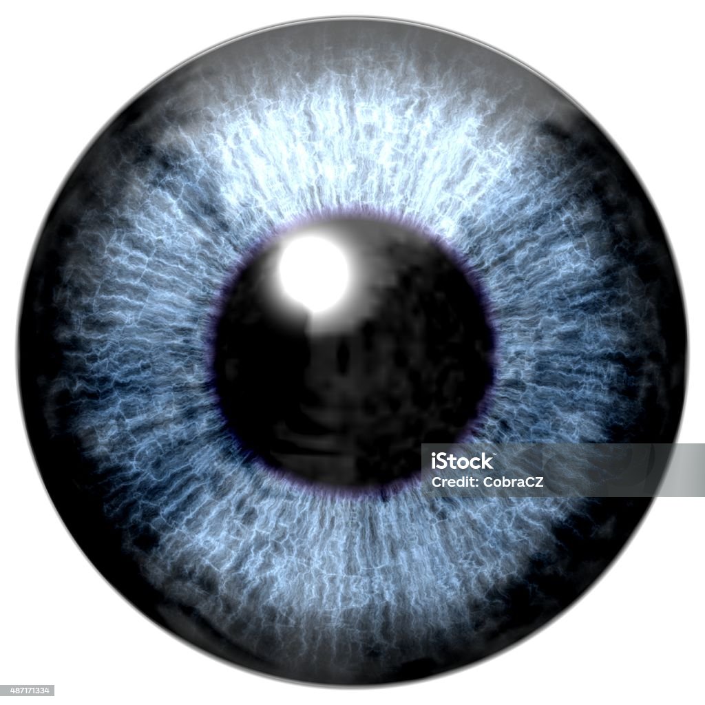 Detail of eye with blue colored iris and black pupil Detail of eye with blue colored iris, white veins and black pupil 2015 Stock Photo