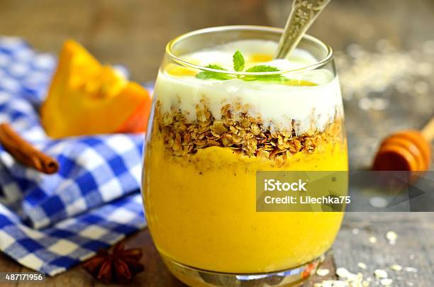 Pumpkin Smoothie With Granola And Yogurt Stock Photo - Download Image Now - 2015, Anise, Autumn