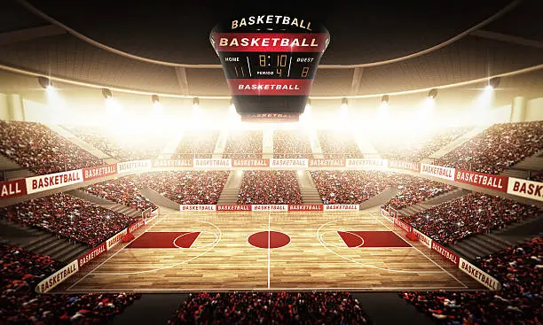 An imaginary basketball arena is modelled and rendered.