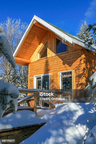 Wooden Cottage Log Home Log Cabin In Winter Stock Photo - Download Image Now - Architecture, Building Exterior, Built Structure