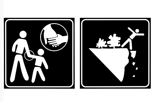 Black and white warning signs for bushwalkers isolated on white background, full frame horizontal composition with copy space and clipping path included