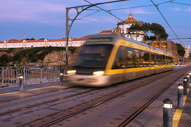 istock Blurred motion train on bridge in Porto 487176430