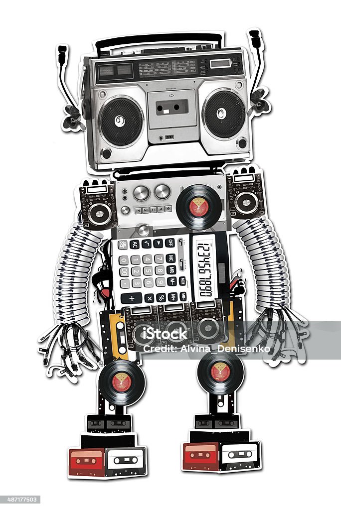 Electronic musical robot. Collage of parts and mechanisms Colored illustration with electronic musical robot. Collage of parts and mechanisms. Vinyl records, cassette recorder, speakers, wires, springs. White background Audio Cassette stock illustration