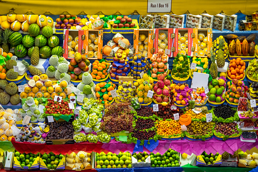 Sao Paulo, Brazil - March 14, 2015: Colorful fresh fruit stand at the traditional Municipal Market (Mercado Municipal), or Mercadao, in Sao Paulo, Brazil.