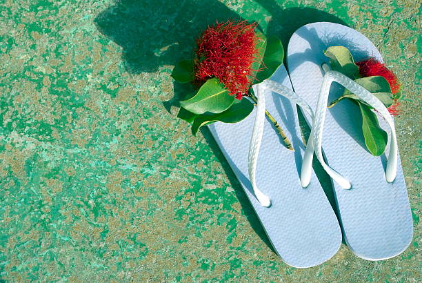 A pair of Jandals on concrete deck with freshly picked Pohutakawa Flowers. Because nothing is more symbolic of Summer Kiwiana than the Jandals and the Pohutakawa.