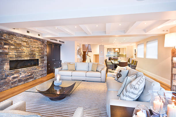 istock Cozy living room with a stone wall 487182020