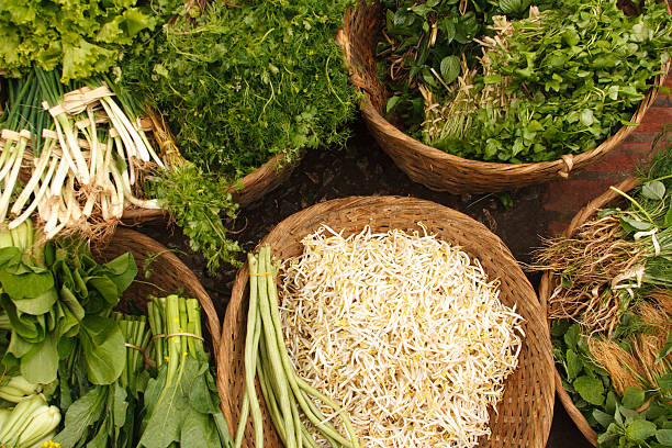 Laos: bean Sprouts, onions and various greens in wicker baskets. Shot at the outdoor farmers market in Luang Prabang.