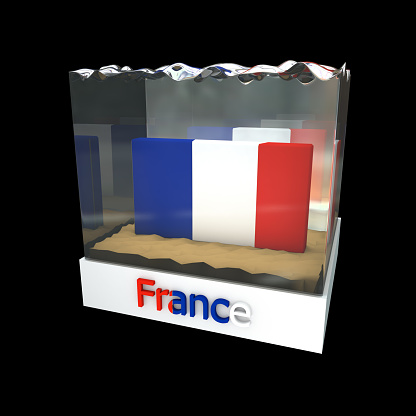 France icon in glass cube with water. 3d rendered image. High quality 3d renderded cube with water and flag inside
