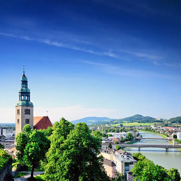 View of Salzburg with the Mulln Parish Church in the foreground, Austria