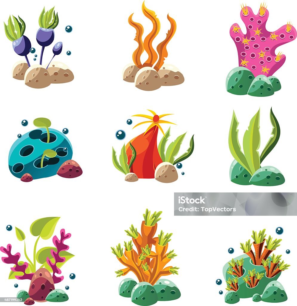 Cartoon underwater plants and creatures Set of cartoon underwater plants and creatures. Vector isolated corals and algae. 2015 stock vector