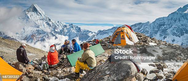 Sherpa Mountaineers Relaxing At Base Camp Annapurna Himalayas Nepal Stock Photo - Download Image Now