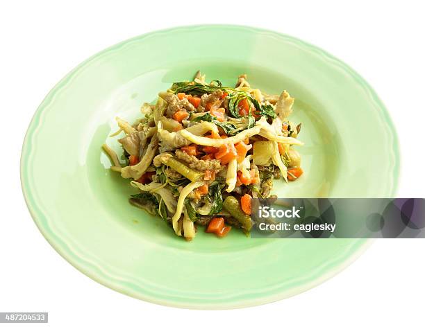 Oyster Mushroom Fried Vegetarian Isolated Stock Photo - Download Image Now - Basil, Bud, Carrot