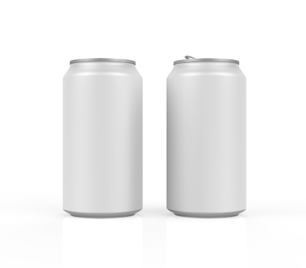 Side view of shiny aluminum or tin can on white background with lid open