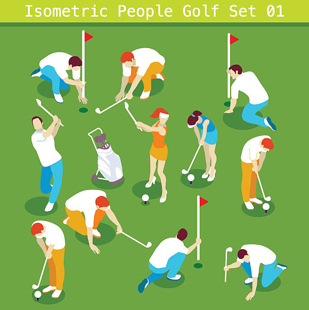 golf-set 01 personen isometrische - golf golf club luxury golf course stock-grafiken, -clipart, -cartoons und -symbole