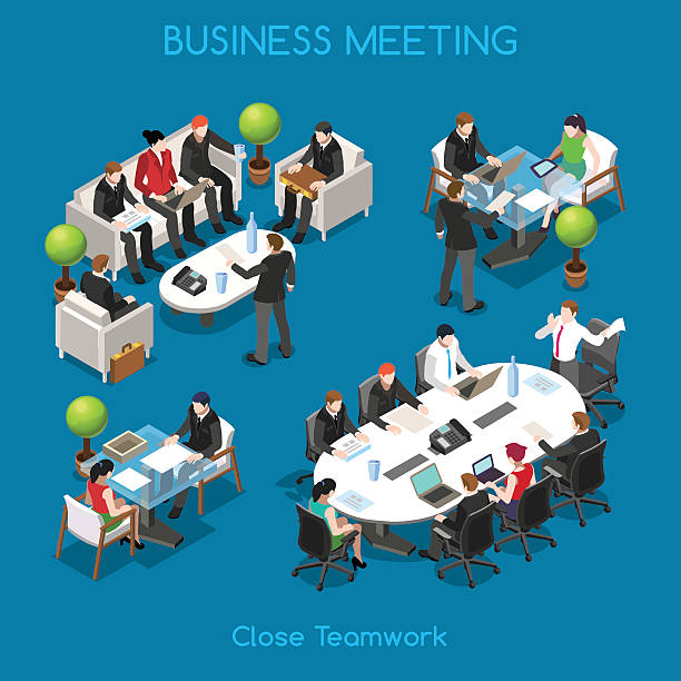 Business 01 People Isometric Startup Teamwork Brainstorming Business Office Meeting Room. Interacting People Unique Isometric Realistic Poses. NEW bright palette 3D Flat Vector Icon Set. Team around table working with laptop business meeting stock illustrations