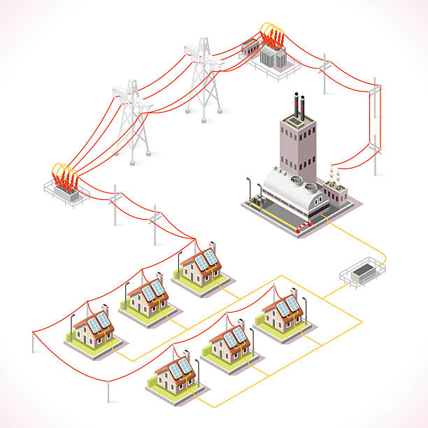 Energy 13 Infographic Isometric Electric Energy Distribution Chain Infographic Concept. Isometric 3d Electricity Grid Elements Power Grid Powerhouse Providing Electricity Supply to the City Buildings and Houses warehouse clipart stock illustrations