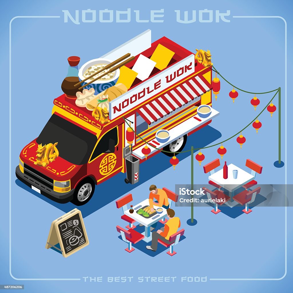 Food Truck 08 Vehicle Isometric Chinese Noodle Wok Food Truck Delivery Master. Street Food Chef Web Template NEW bright palette 3D Flat Vector Icon Set Isometric Food Truck Full Taste High Quality Dishes Alternative Street Cuisine Isometric Projection stock vector