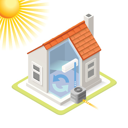 Heat Pump House Cooling System Infographic Icon Concept. Isometric 3d Soften Colors Elements. Air Conditioner Cool Providing Chart Scheme Illustration