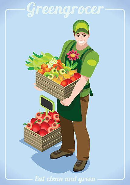 illustrations, cliparts, dessins animés et icônes de isométrique greengrocer services personnes - fruits et légumes