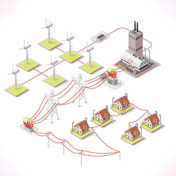 энергии 12 изометрические инфографика - sending power supply power fuel and power generation stock illustrations