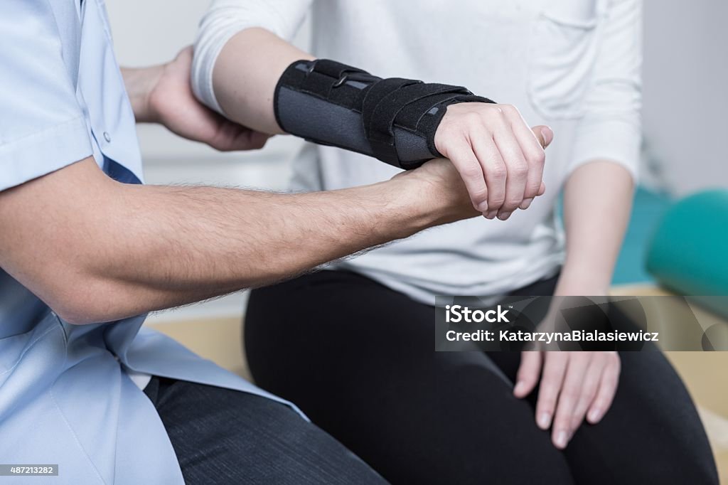 Using wrist immobiliser Woman using wrist immobiliser after hand's injury Splint Stock Photo