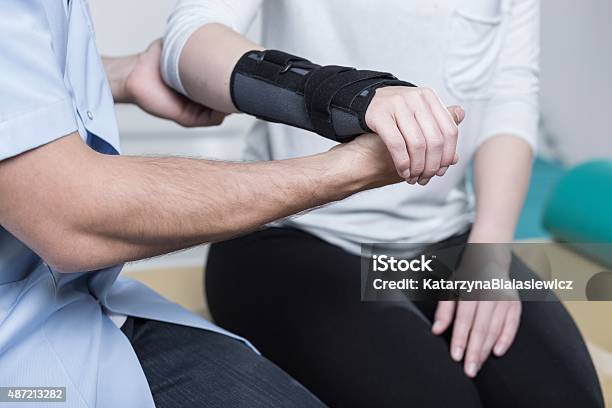 Using Wrist Immobiliser Stock Photo - Download Image Now - Splint, Physical Therapy, Wrist