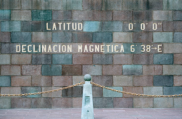 Latitude Zero, centre of the world, Quito Monument on the  centre of the world, Mitad del Mundo, close to Quito city in San Antonio Parish. The grounds contain the Museo Etnográfico Mitad del Mundo, a museum about the indigenous ethnography of Ecuador equator line stock pictures, royalty-free photos & images