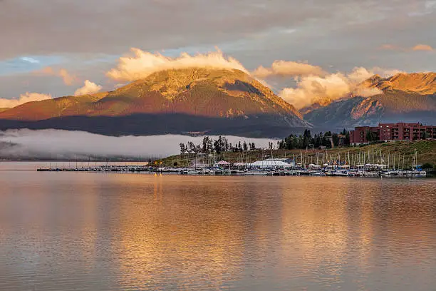 Photo of sunrise over Lake Dillon and marina